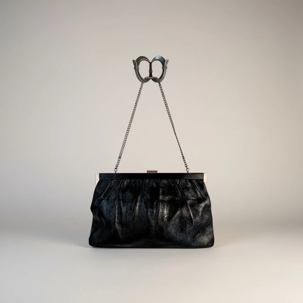 Vintage Talbots Black‎ Leather Gathered Frame Clutch Bag Silver Chain Strap